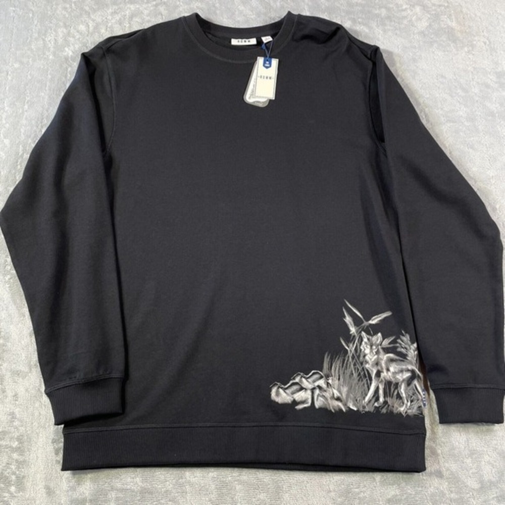 ROWM Sweatshirt Mens Size Large Black Fox Print Minimalist‎ Modern Preppy Luxury